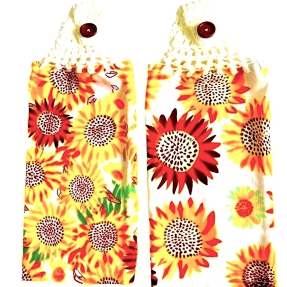 Hand Crafted Colorful Yellow Floral Sunflowers Hanging Hand Towels Crochet Top - Picture 3 of 10